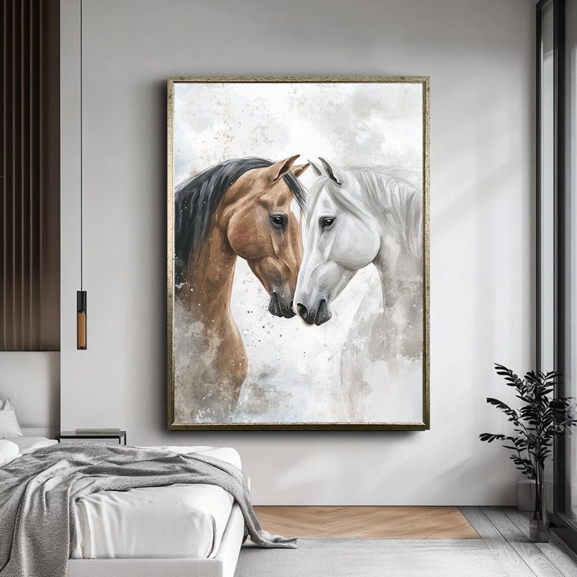 Two Horses Embracing Brown White Watercolor Gentle Animal Poster - Image 5