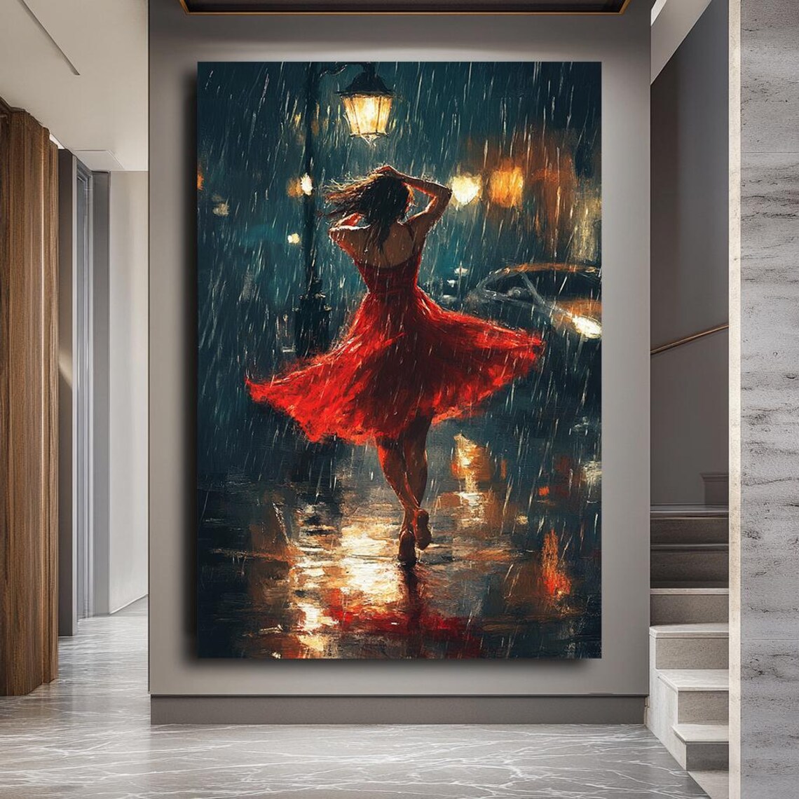 Dancing Woman in Red Dress, Romantic Cityscape Art Print - Image 3