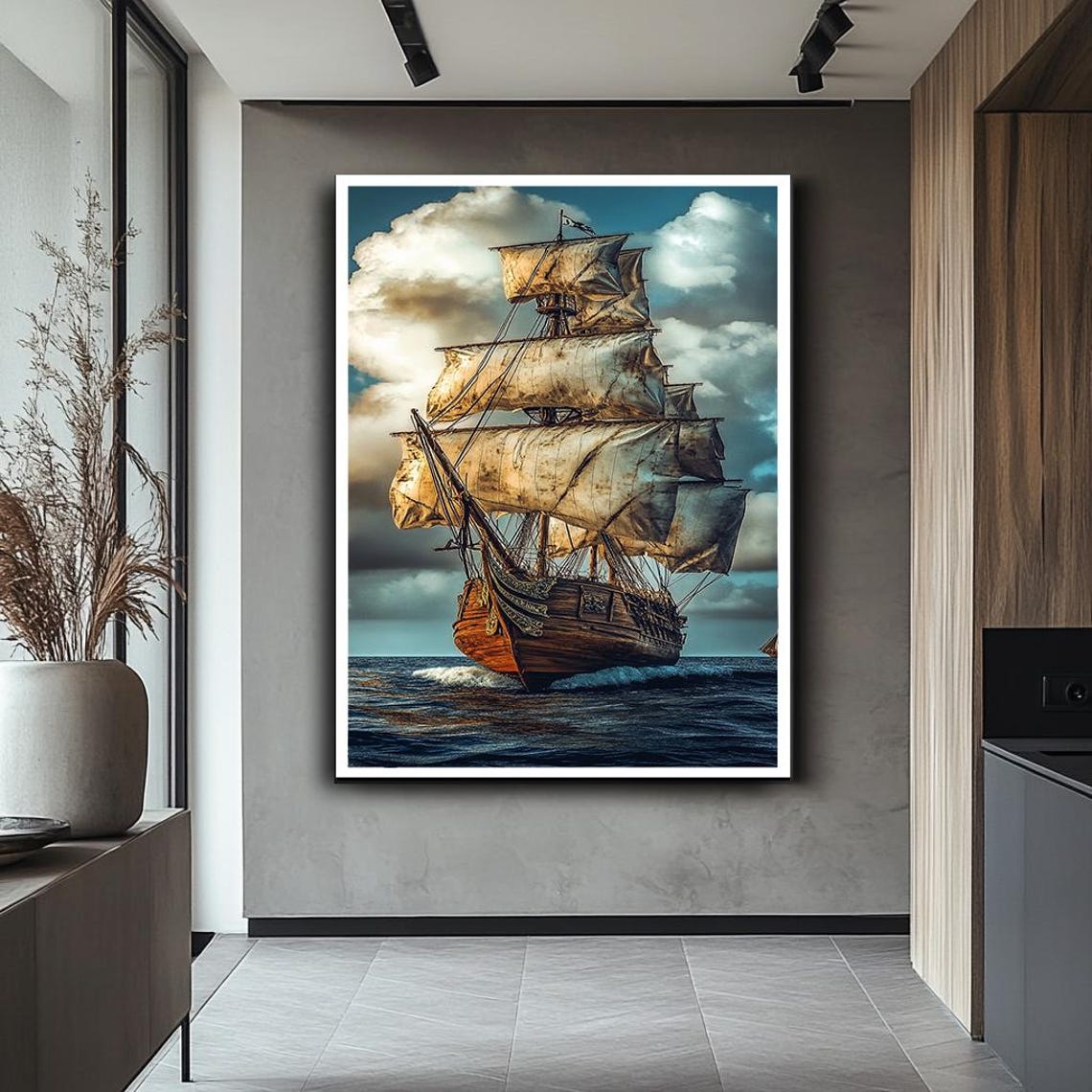 Vintage Tall Ship Full Sails Dramatic Ocean Nautical Painting Poster - Image 2