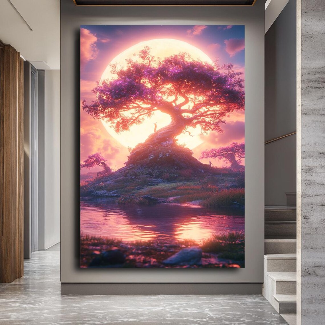 Sunset Tree With Reflection Art Fantasy Nature Landscape Wall Decor Magical Pink And Orange Sky Dreamy Scenic Print