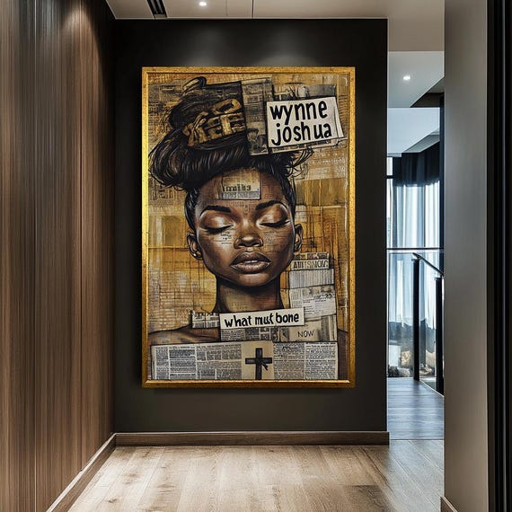 Mixed Media Woman Portrait Art Urban Graffiti Style Collage Canvas Inspirational Afrocentric Wall Decor Bold Empowerment
