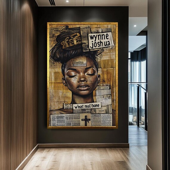 Mixed Media Woman Portrait With Newspaper Collage Text Urban Art Poster