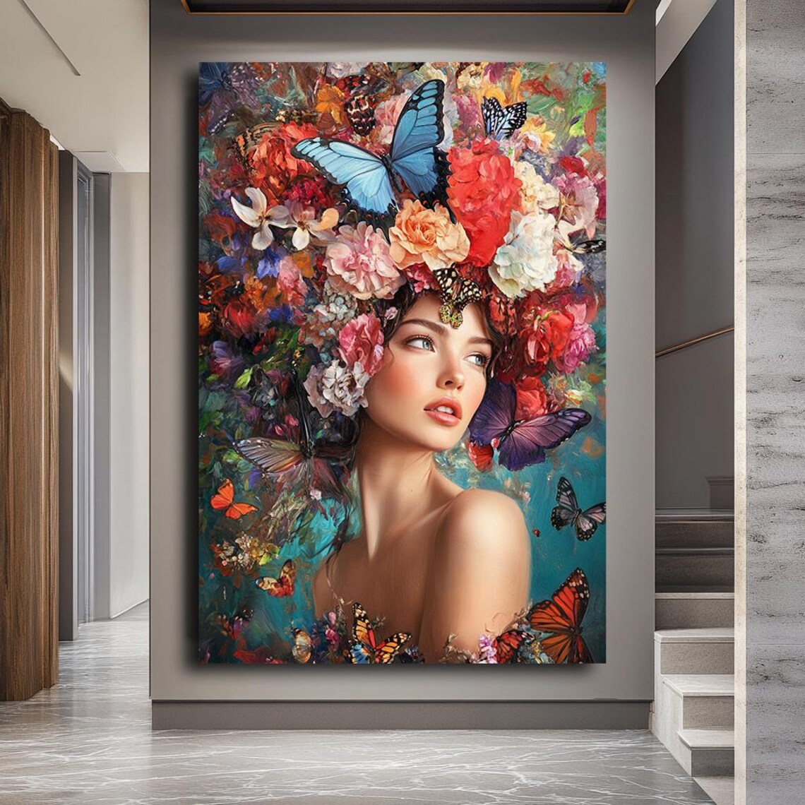 Floral Butterfly Woman Portrait, Surreal Art Print