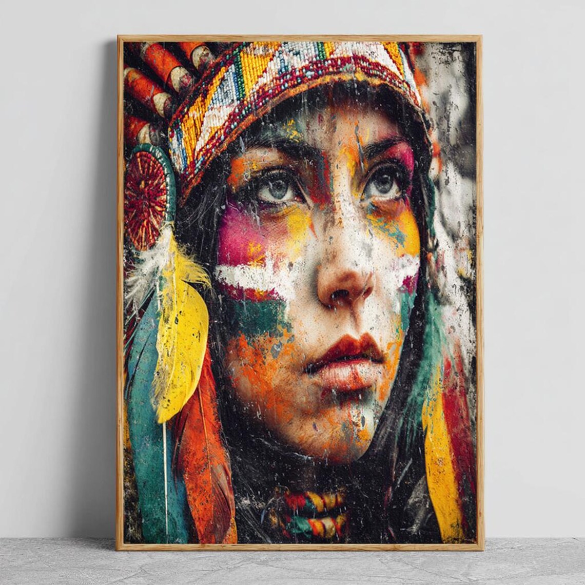 Tribal Woman Face Paint Colorful Headdress Grunge Portrait Art Poster