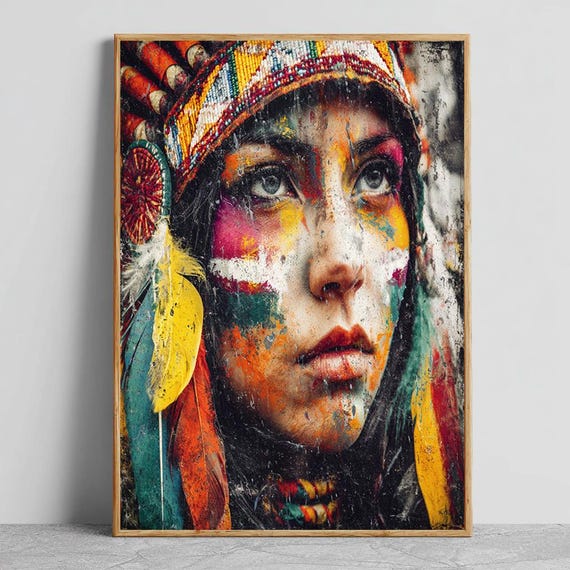 Tribal Woman Portrait Canvas Wall Art With Colorful Face Paint And Feathers Bold Ethnicinspired Artwork For Boho Or Eclectic Home Decor