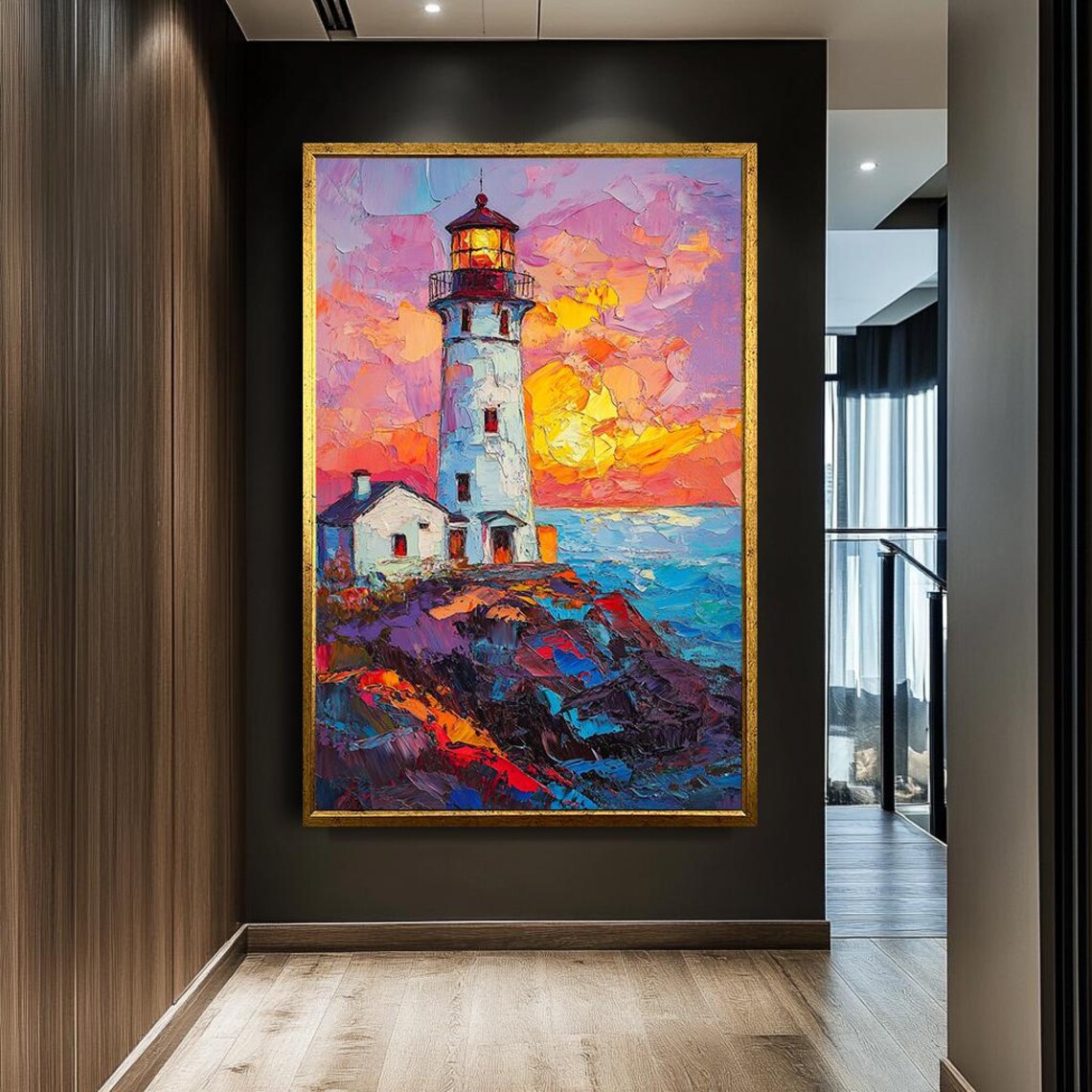 Colorful Lighthouse Sunset Rocky Coast Textured Oil Painting Poster - Image 2