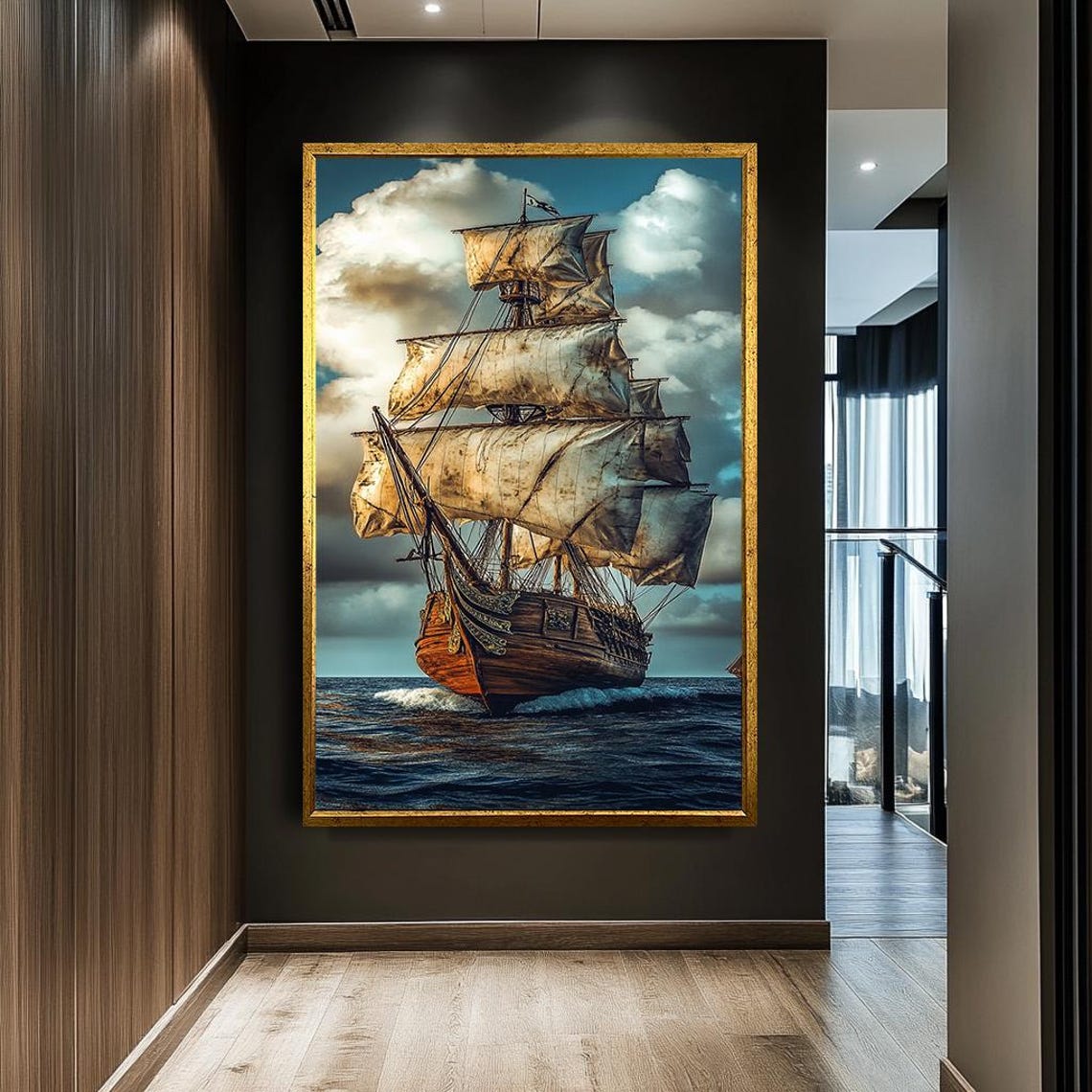 Vintage Tall Ship Full Sails Dramatic Ocean Nautical Painting Poster - Image 3