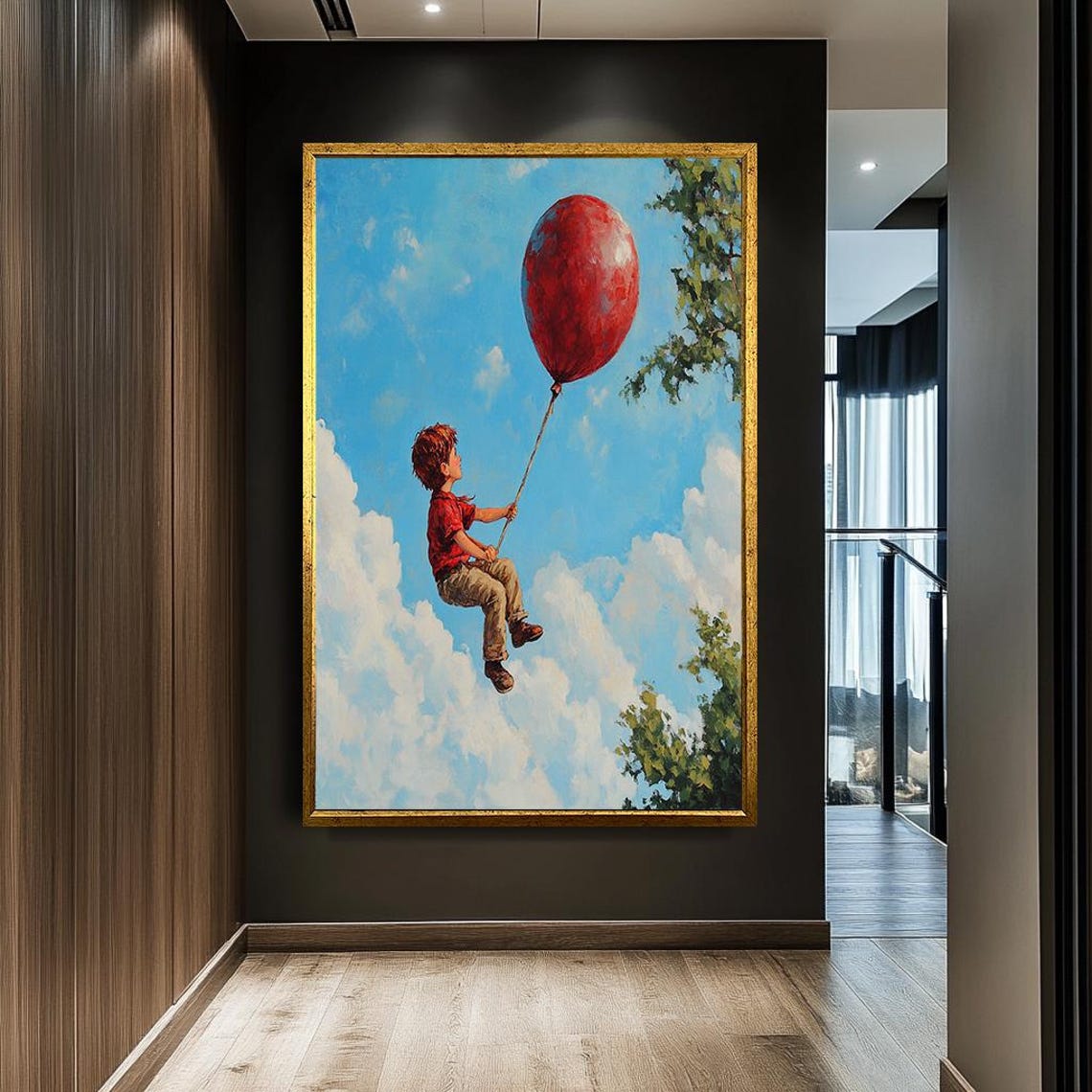 Boy With Giant Red Balloon Floating Clouds Dreamy Kids Wall Art