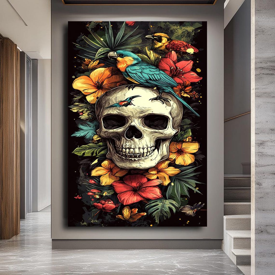 Tropical Skull With Parrots Hibiscus Gothic Floral Art Poster - Image 5