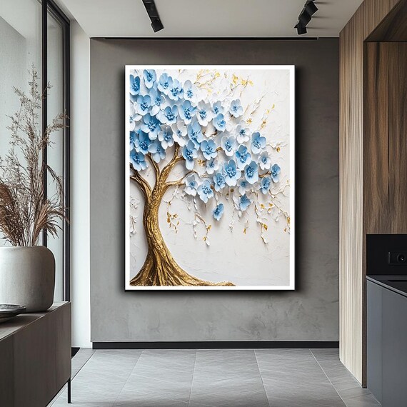 Blue Flower Tree Golden Trunk 3D Textured Relief Floral Art Poster