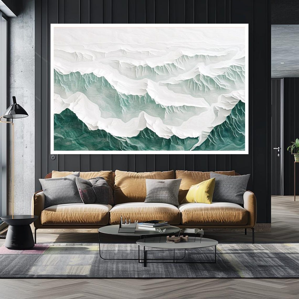 Minimalist Layered Mountain Landscape White Green Textured Art Poster - Image 3