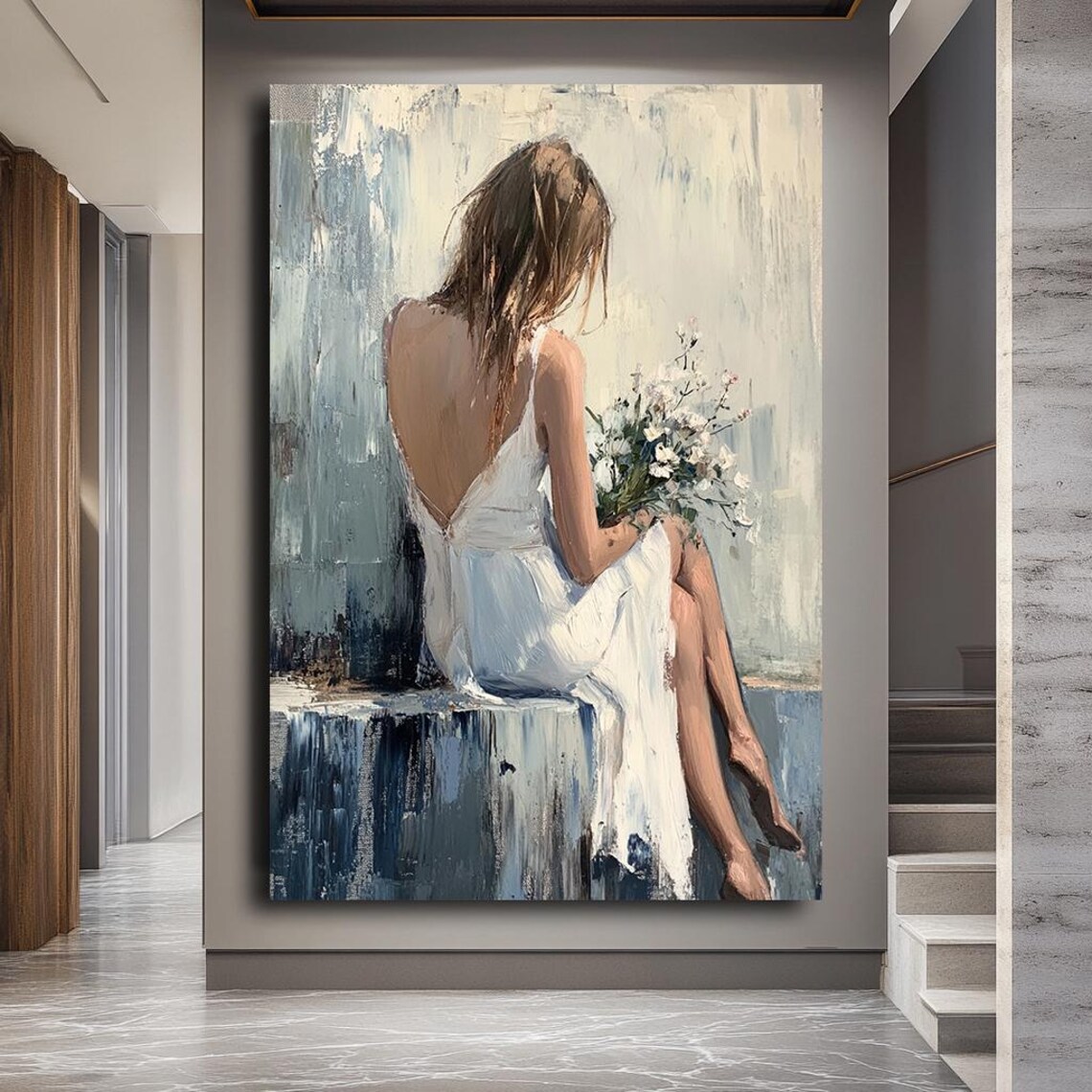 Woman In White Dress Holding Flowers Back View Serene Wall Art - Image 3