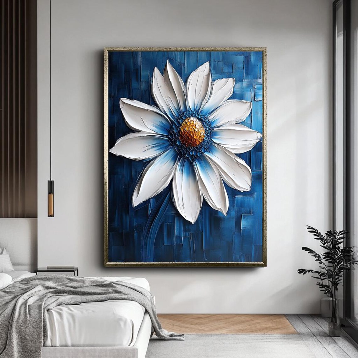 White Daisy Flower Impasto Painting On Deep Blue Botanical Art Poster - Image 5