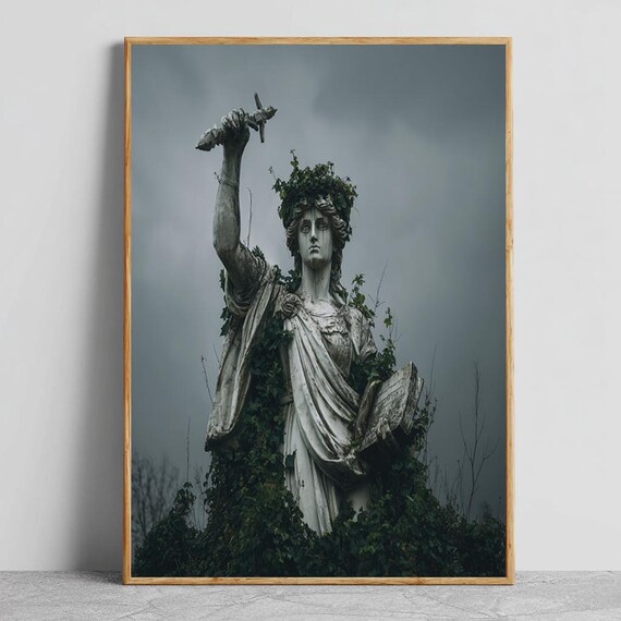 Ancient Goddess Statue Wall Art Overgrown Marble Sculpture With Sword And Book Dark Moody Photography Print For Home Decor