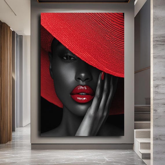 Elegant Black And Red Woman Portrait Print Modern Glam Wall Art For Living Room Luxury Fashion Artwork Wall Decor Ready To Hang
