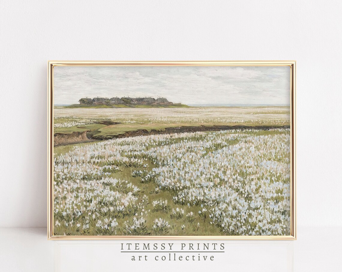 Spring Meadow Painting White Wildflowers Field Distant Cottages Poster
