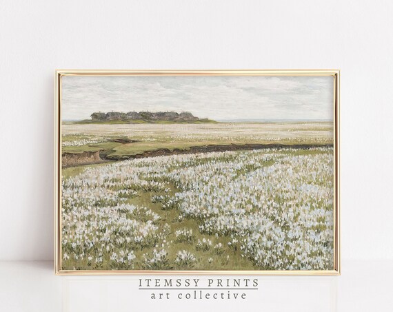 Spring Meadow Painting White Wildflowers Field Distant Cottages Poster