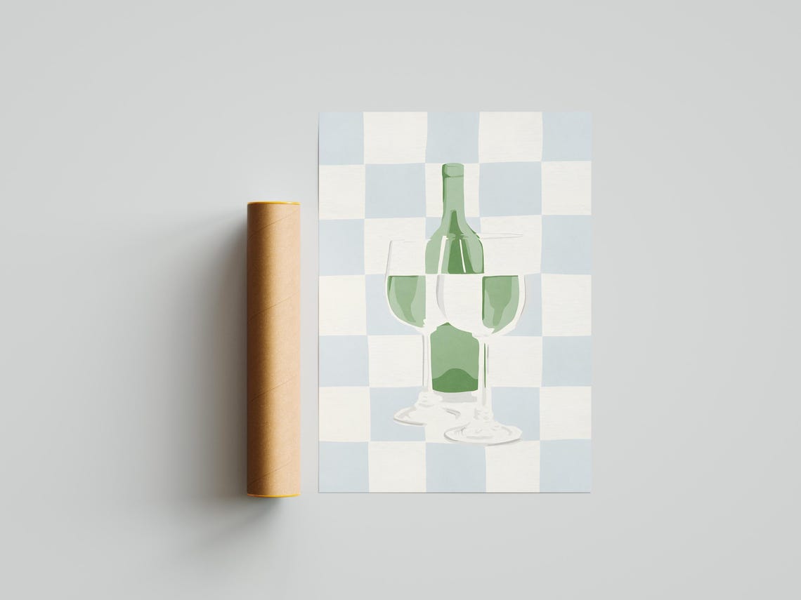 Wine Bottle and Two Glasses on Blue Checkerboard Kitchen Art Poster