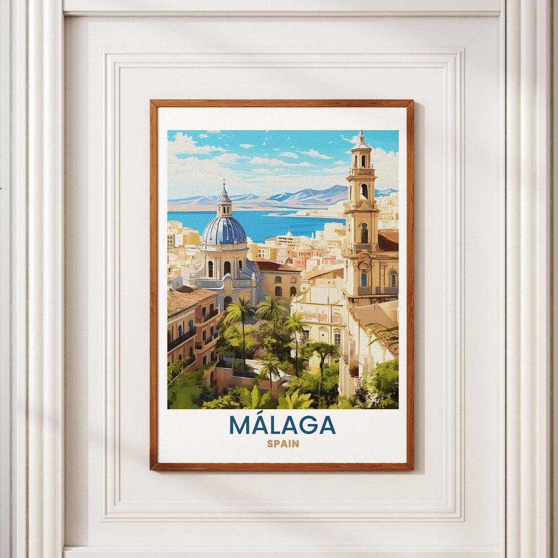 Málaga Spain Cathedral Dome Harbor Skyline Vintage Travel Poster