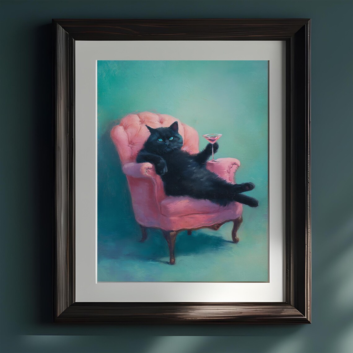 Black Cat Martini in Pink Armchair Funny Vintage Painting Poster