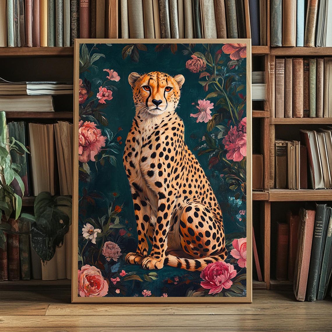 Regal Cheetah Emerald Floral Botanical Pink Flower Wildcat Poster