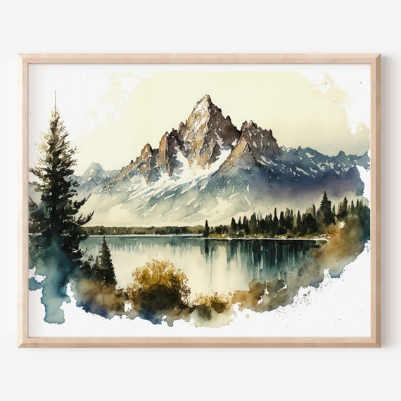 Grand Teton Print Watercolor Wall Art Mountain Landscape Fine Nature Cabin National Park Poster