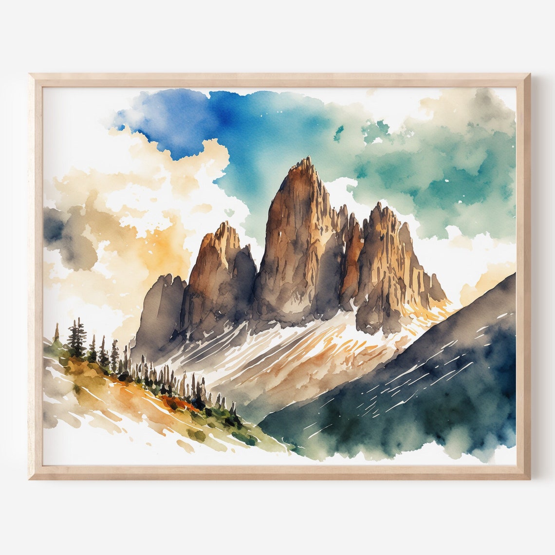Dolomite Mountains Rocky Pinnacles Watercolor Alpine Travel Art Poster