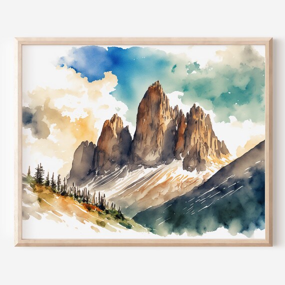 Dolomite Mountains Rocky Pinnacles Watercolor Alpine Travel Art Poster