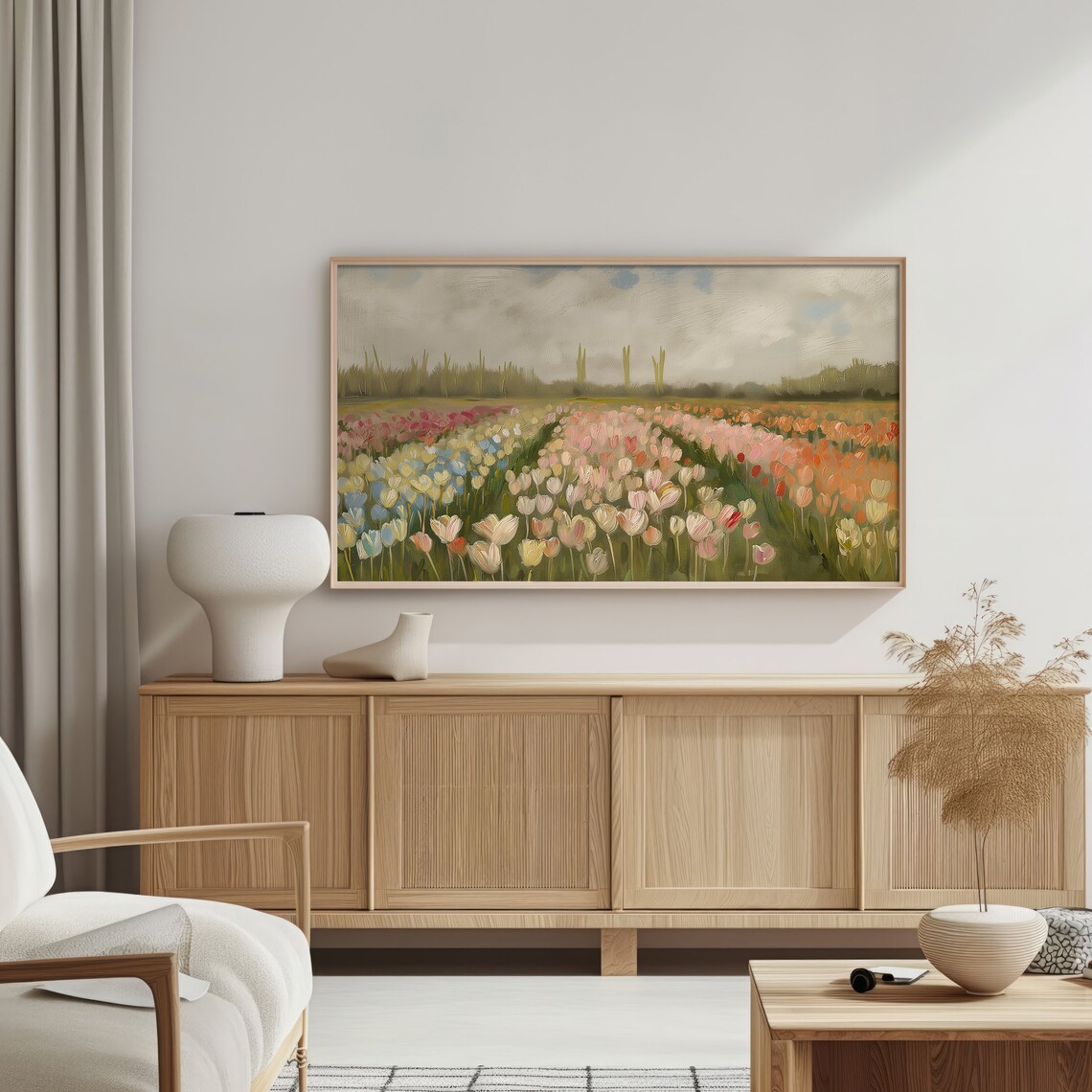 Spring Tulip Field Landscape, Vintage Farmhouse Art Print