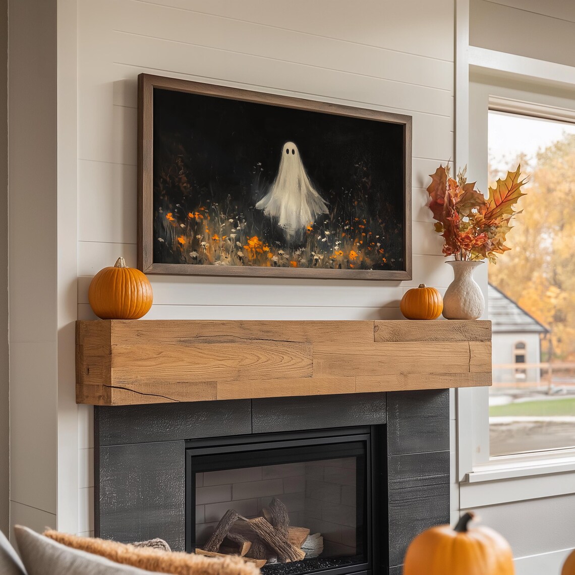 Cute Little Ghost Wildflower Field Starry Night Halloween Painting Poster - Image 4