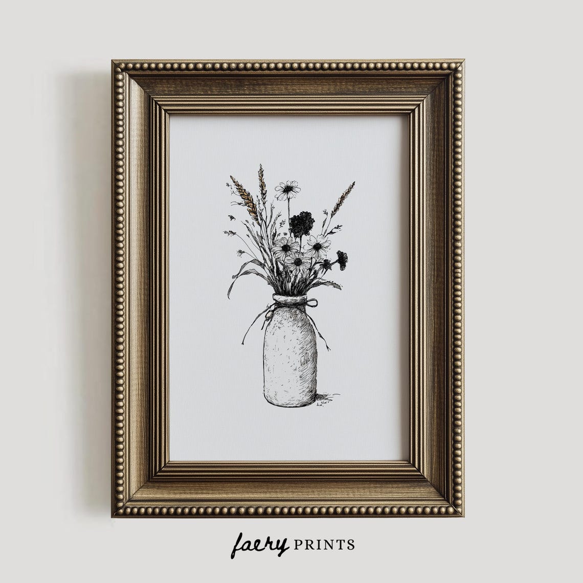 Wildflowers in Milk Bottle Ink Sketch Rustic Farmhouse Poster