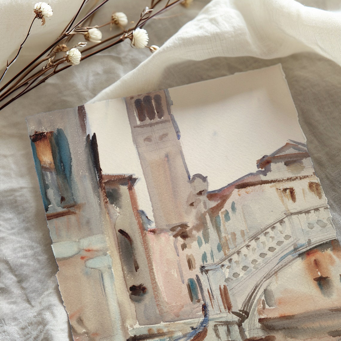 Venice Canal Stone Bridge Gondola Watercolor Travel Art Poster - Image 3