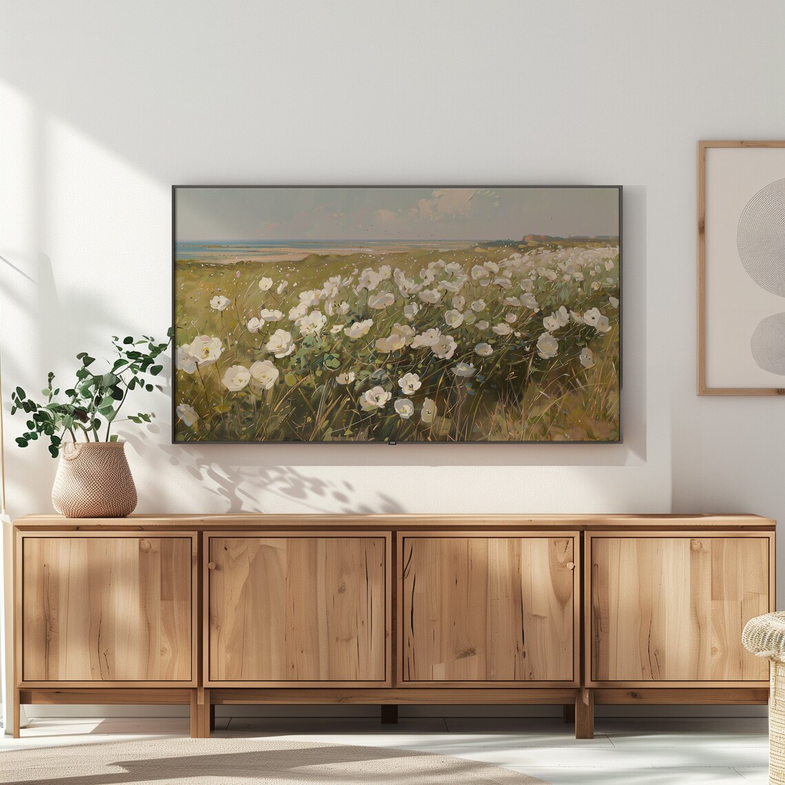 Coastal White Wildflower Field Painting With Sea Horizon Poster - Image 3
