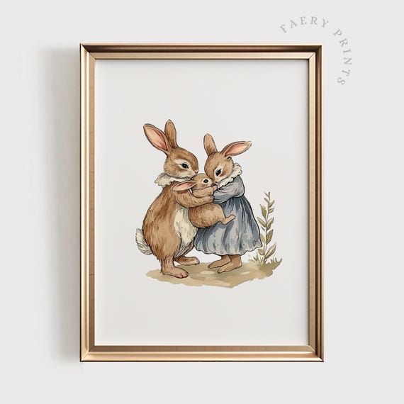 Rabbit Nursery Print, Vintage Style Family Art