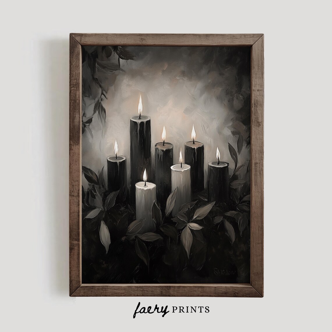 Seven Lit Candles Glowing in Dark Moody Floral Still Life Art Poster - Image 3