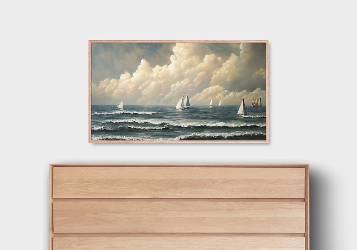 Sailboats Gliding On Blue Sea Under Dramatic Cloudy Sky Poster