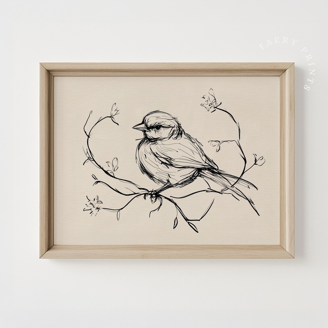 Vintage Bird Line Sketch Perched Songbird Beige Spring Art Poster