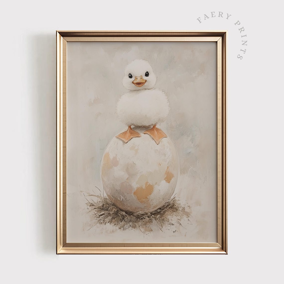 Fluffy Baby Duck Standing On Egg Spring Easter Nursery Poster