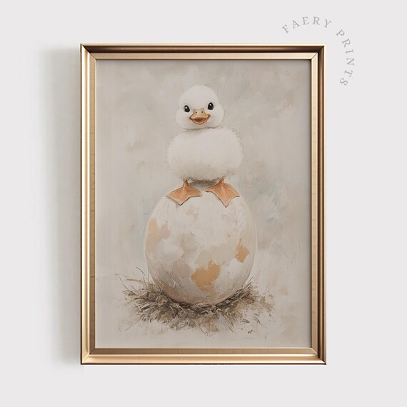 Fluffy Baby Duck Standing On Egg Spring Easter Nursery Poster