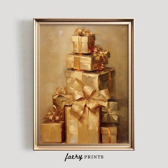 Gold Gifts Christmas Home Decor, Vintage Holiday Print