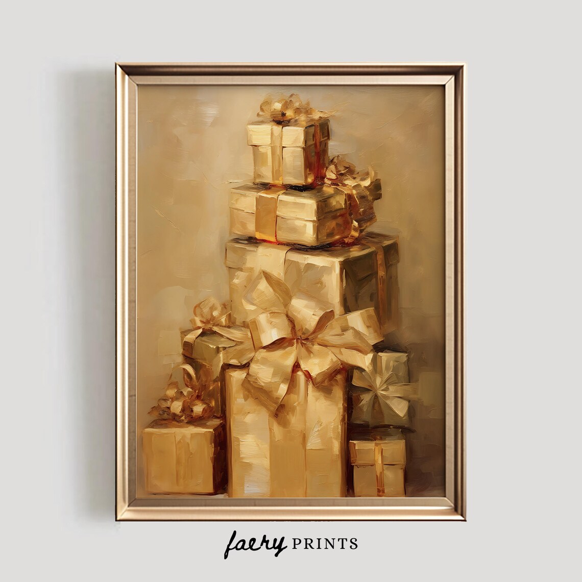 Gold Gifts Christmas Home Decor, Vintage Holiday Print