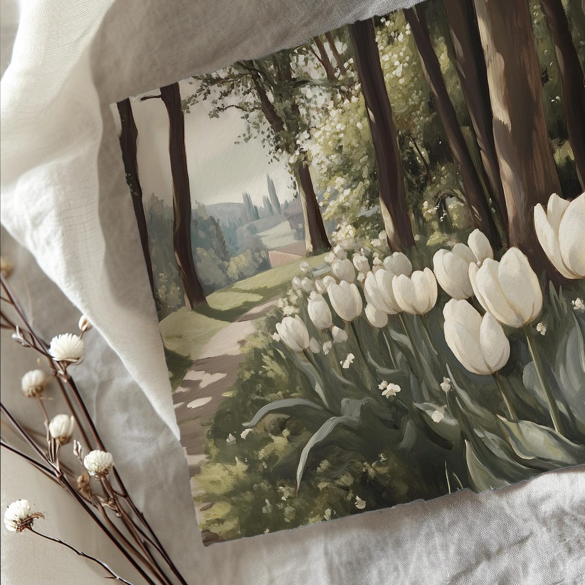 White Tulips Blooming Along Woodland Path Spring Garden Poster - Image 3