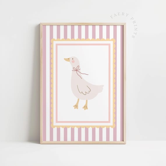 Pink Goose Nursery Print Vintage Girls Room Wall Art Baby Farm Animal Poster Pastel 1417