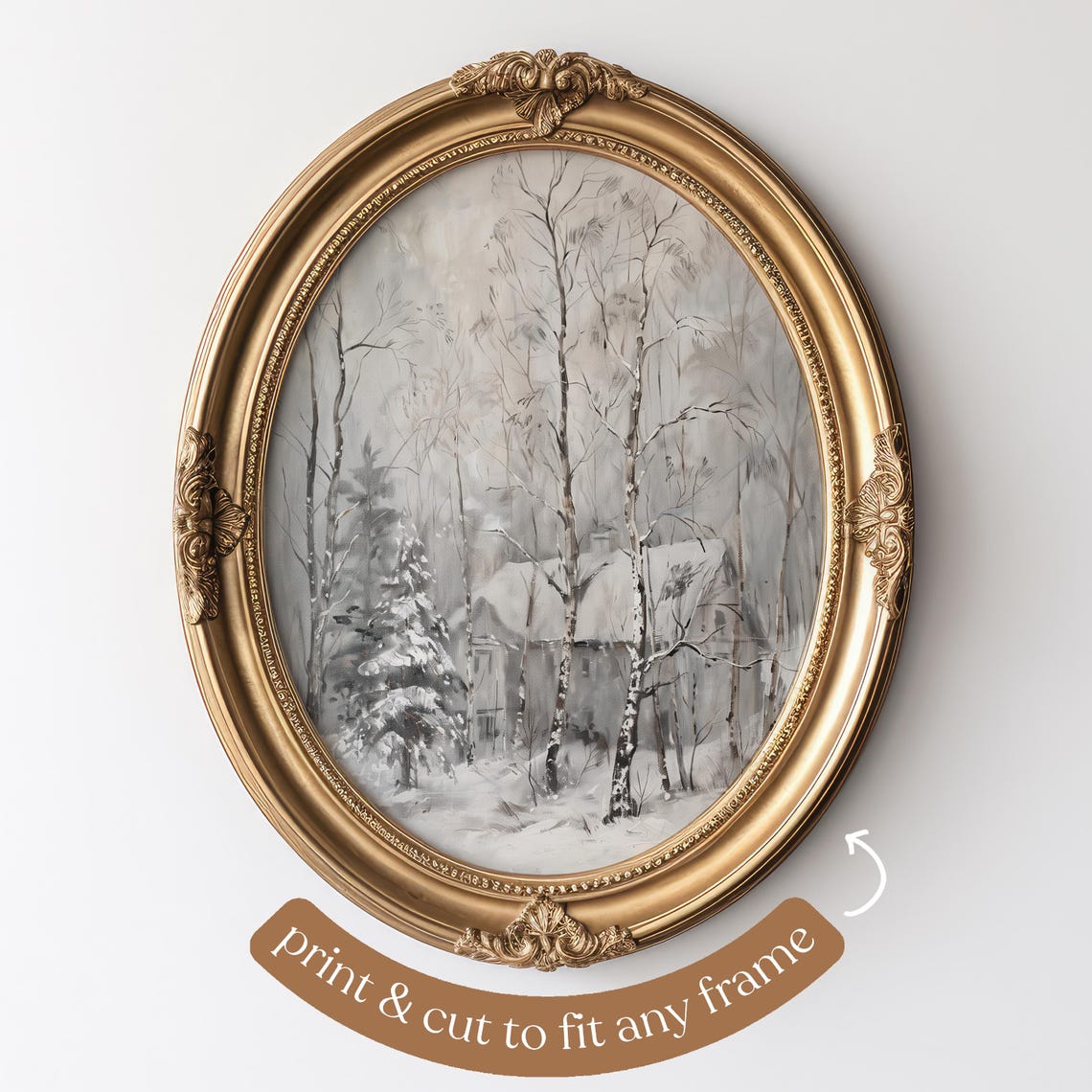 Snowy Birch Trees with Hidden Cabin Winter Forest Painting Poster - Image 4