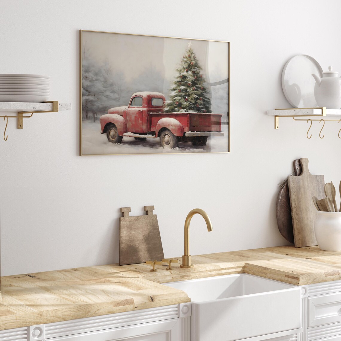 Farmhouse Christmas Red Pickup Truck Art Print - Image 3
