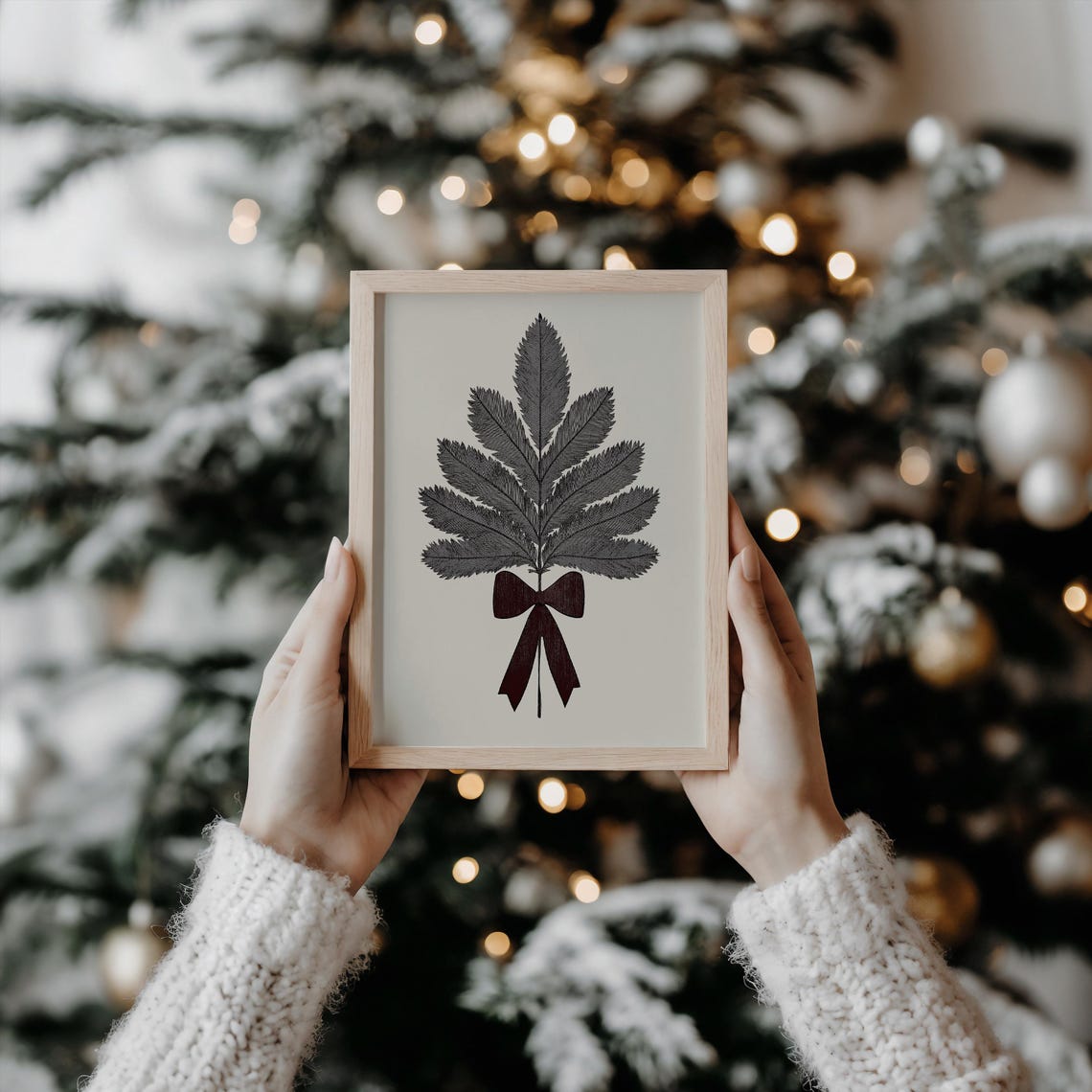 Gray Botanical Leaf Sprig with Red Bow Minimal Christmas Art Poster - Image 3