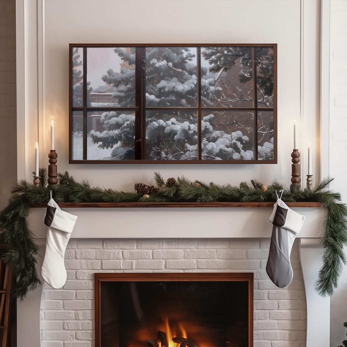 Snowy Pines Seen Through Frosted Window Panes Winter Frame TV Poster - Image 4