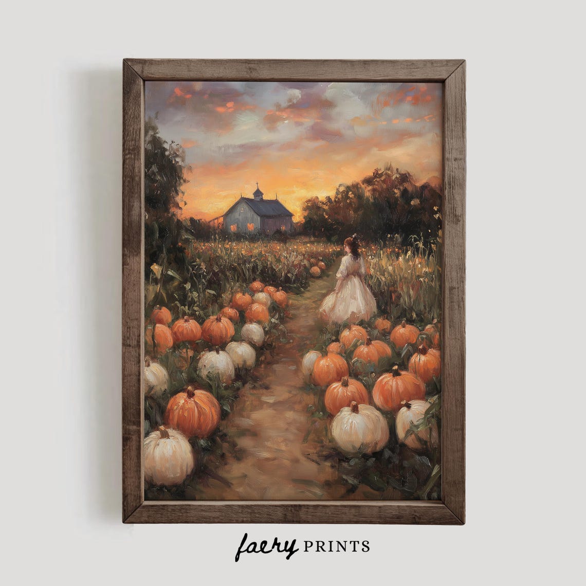 Girl in White Dress Walking Pumpkin Patch at Sunset Farm Poster