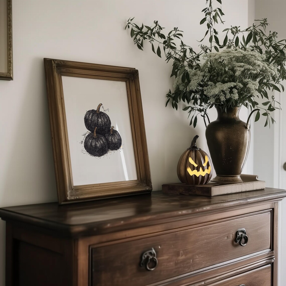 Trio Of Black Pumpkins Ink Sketch Halloween Harvest Wall Art - Image 2