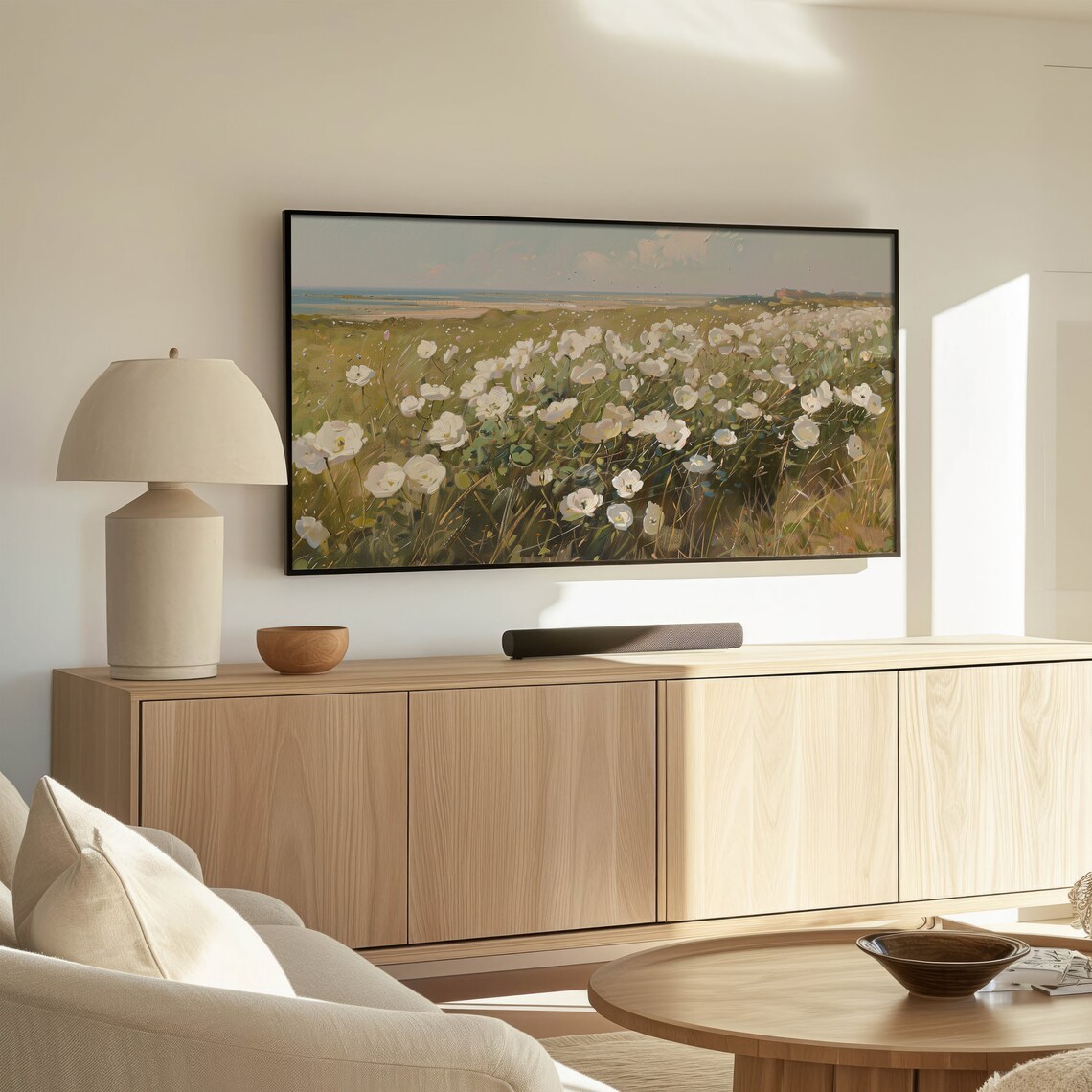 Coastal White Wildflower Field Painting With Sea Horizon Poster